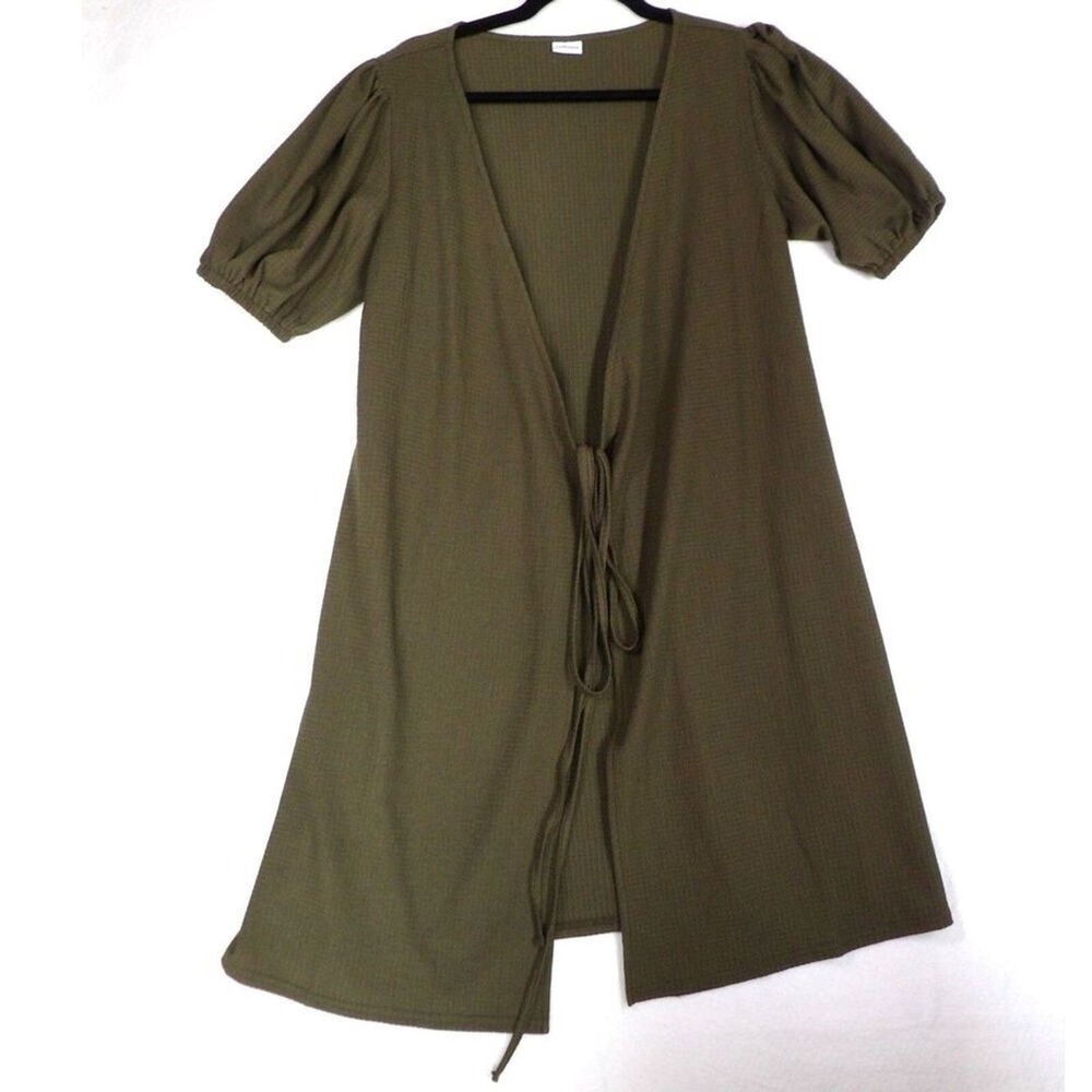 LASCANA Cardigan Cover Up Women XL Olive Green Tie-Front Puff Sleeve Ribbed - Picture 9 of 11